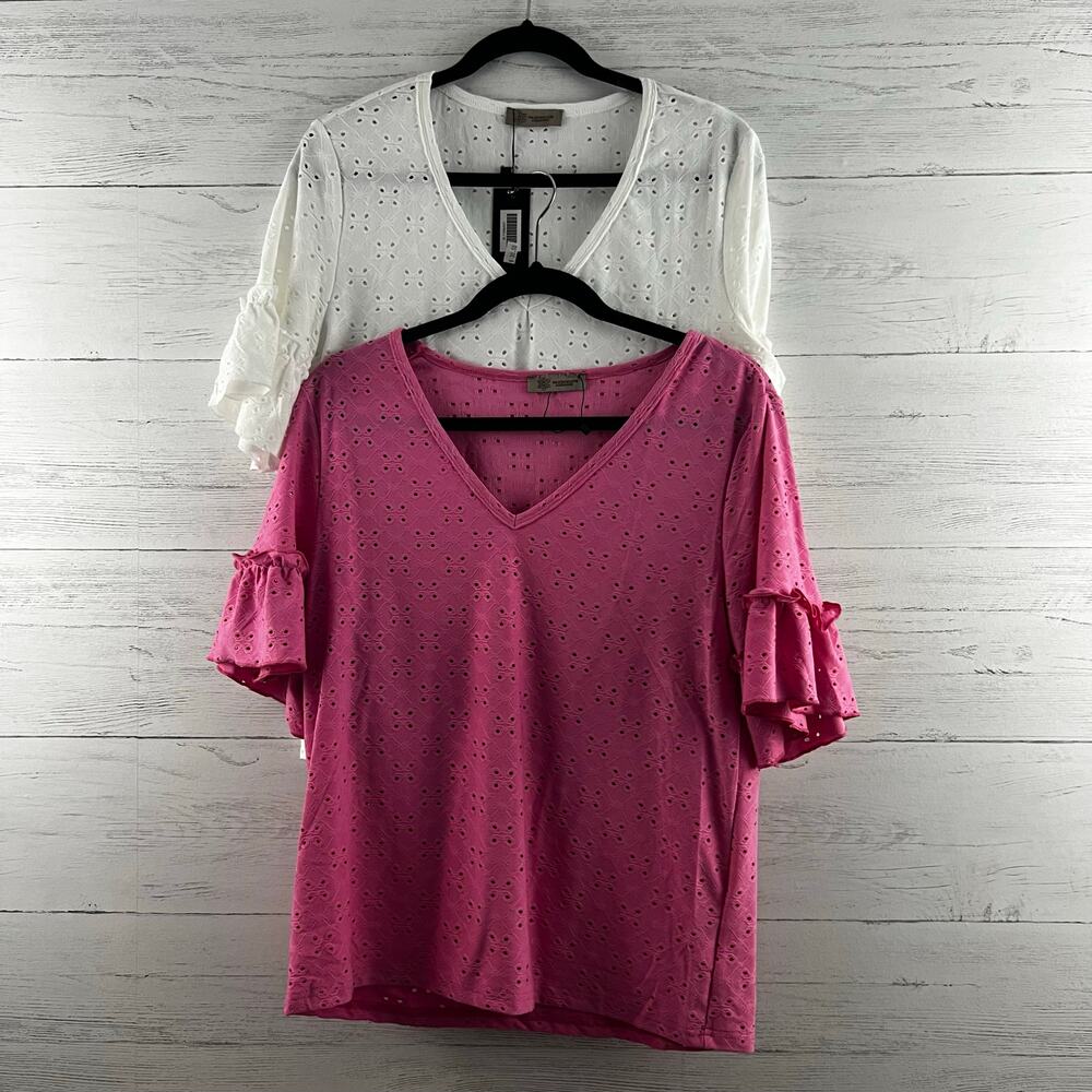 Kaleidoscope NWT Set of 2 Stretchy V Neck Ruffle Sleeve Tops Size S/M